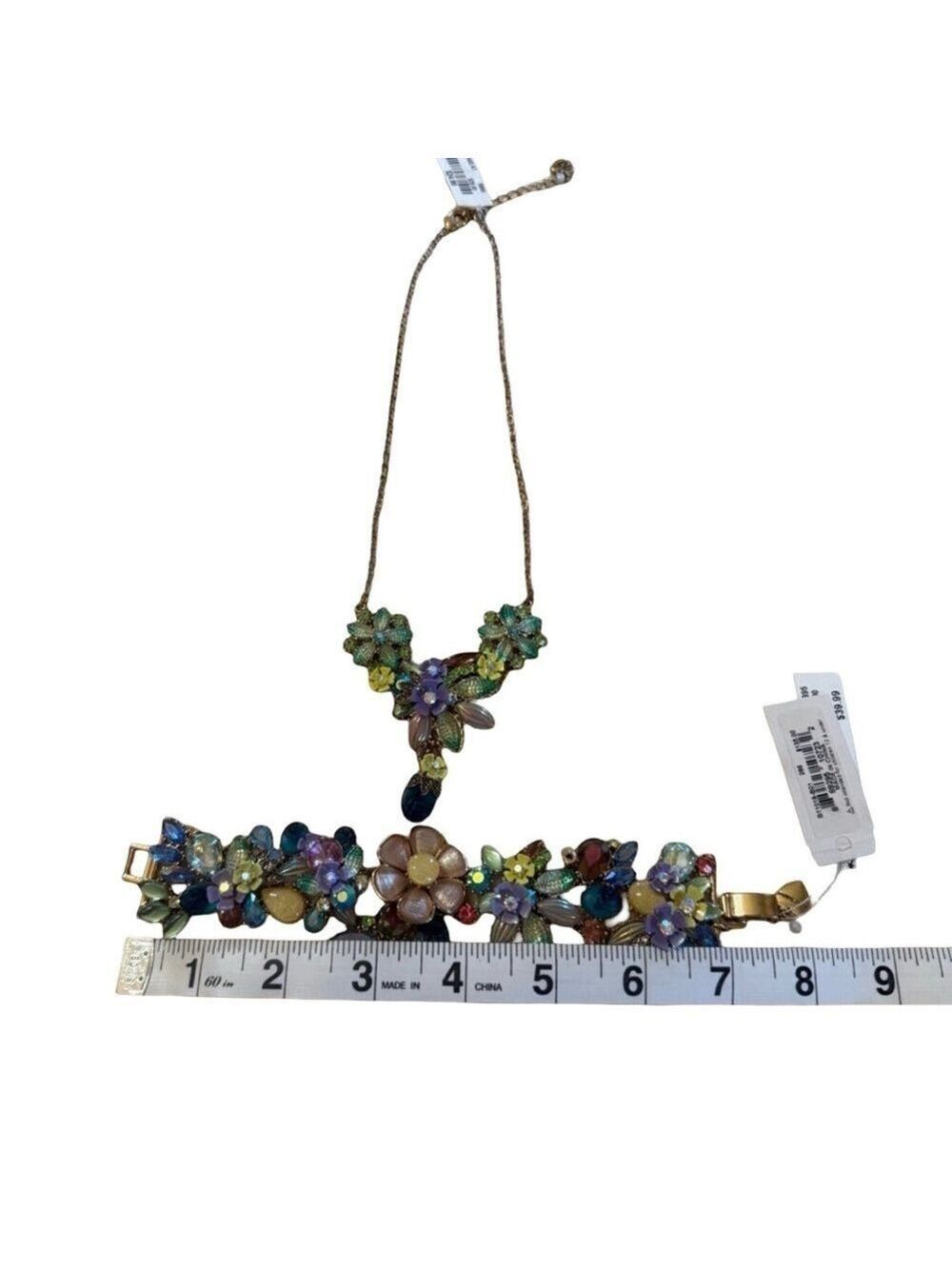 Betsey Johnson Green and Purple Floral Necklace & Bracelet Set.